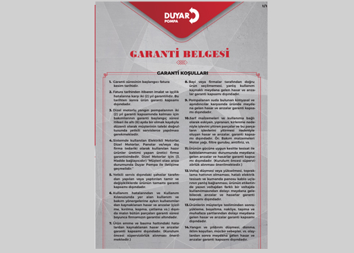 Duyar Pompa Garanti Belgesi